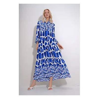 Trend Alaçatı Stili Women's Blue Robe Buttoned Patterned Tiered Flounce Woven Viscose Dress