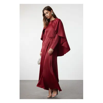 Trendyol Claret Red Cape Detailed Satin Woven Evening Dress