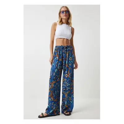 Happiness İstanbul Women's Blue Tile Patterned Loose Viscose Palazzo Trousers