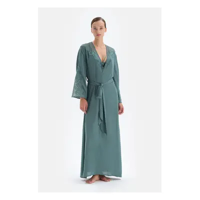 Dagi Green Three Quarter Sleeve Lace Long Dressing Gown