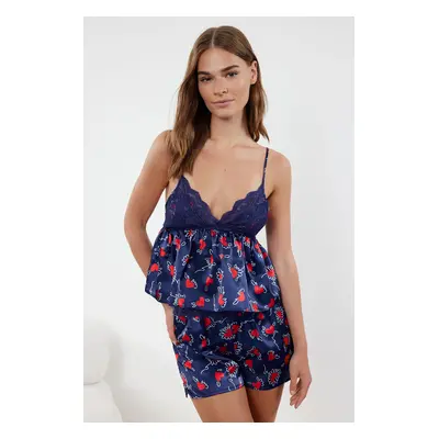 Trendyol Indigo Heart Laced Rope Strap Satin Woven Pajama Set