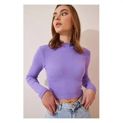 Happiness İstanbul Women's Lilac Ribbed Turtleneck Crop Knitted Blouse