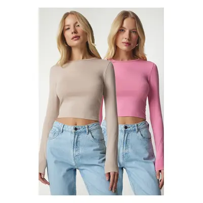 Happiness İstanbul Women's Pink Beige Basic 2-Pack Knitted Crop Blouse