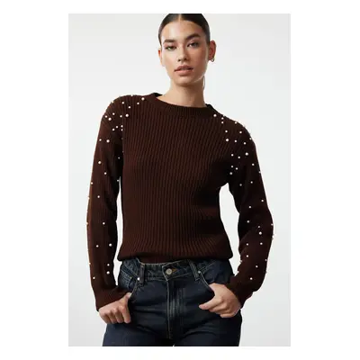 Trendyol Brown Pearl Detailed Crew Neck Knitwear Sweater