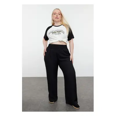 Trendyol Curve Black Wide Leg/Wide Leg Elastic Waist Woven Plus Size Fabric Trousers