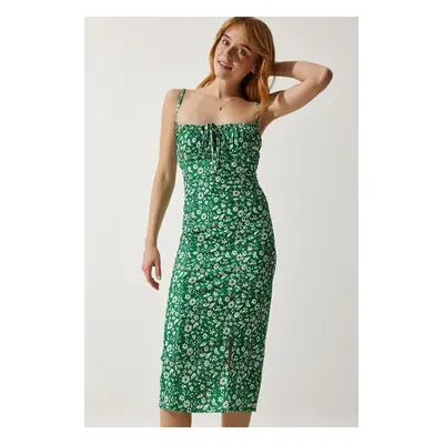 Happiness İstanbul Women's Vibrant Green Floral Slit Summer Knitted Dress