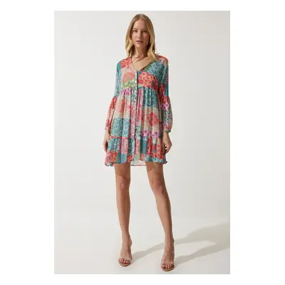 Happiness İstanbul Women's Pink Blue Ethnic Patterned V-Neck Shirt Dress