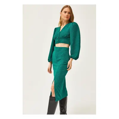 Olalook Women's Petrol Green Slit Skirt Knitted Suit