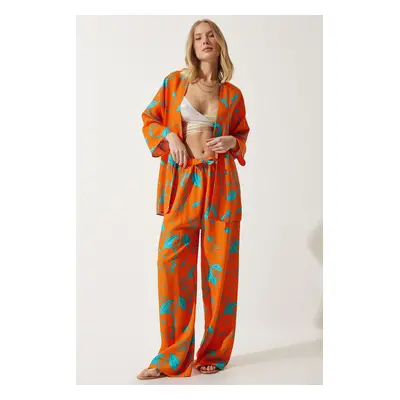 Happiness İstanbul Women's Sky Blue Orange Patterned Kimono Palazzo Trousers Set