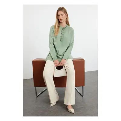 Trendyol Mint Collar Frilly Buttoned Knitwear Sweater