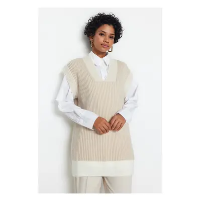 Trendyol Stone Color Block V Neck Thessaloniki Knitwear Sweater