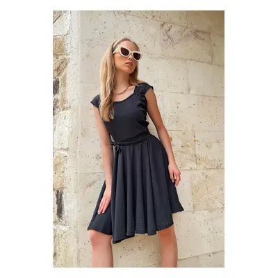 Trend Alaçatı Stili Women's Black Thick Strappy Skirt Flounce Tied Belt Dress