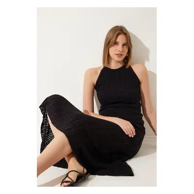 Happiness İstanbul Women's Black Halter Neck Openwork Knitwear Dress