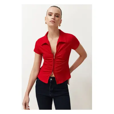 Trendyol Red Regular/Normal Fit Polo Neck Gather/Drape Detailed Zippered Knitted Blouse