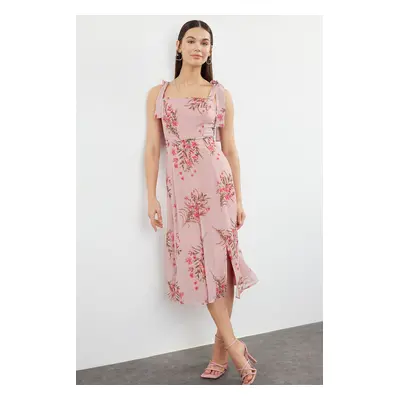 Trendyol Pink Floral A-Line Slit Back Gipe Detailed Chiffon Lined Midi Woven Dress