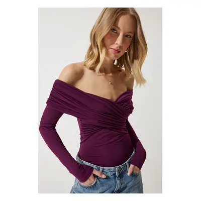 Happiness İstanbul Women's Plum Gathered Open Shoulder Sandy Knitted Blouse