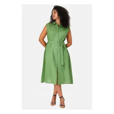 Trendyol Curve Mint Large Size Belted Waist Woven Shirt Dress