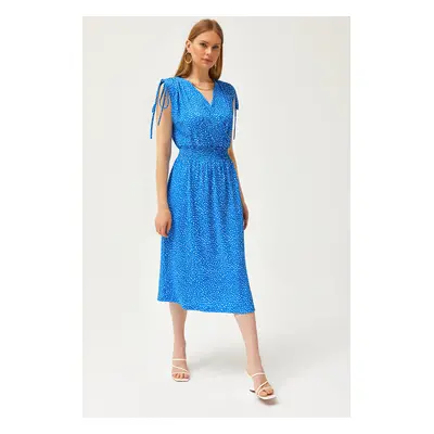 Olalook Women's Saks Blue Shoulder Gathered Waist Gimped Dress