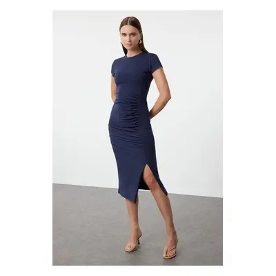 Trendyol navy blue Fitted Gathering and Slit Midi Cotton Stretchy Knitted Dress