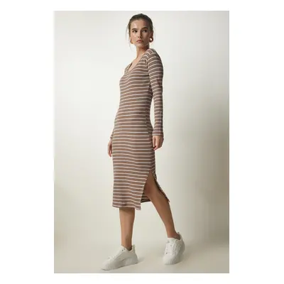 Happiness İstanbul Women's Mink Striped Slit Wrap Knitted Dress