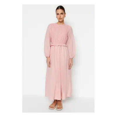 Trendyol Light Pink Brode and Ruffle Detail Cotton Woven Dress