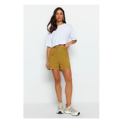 Trendyol Khaki High Waist Denim Shorts With Pocket Detailed Belt