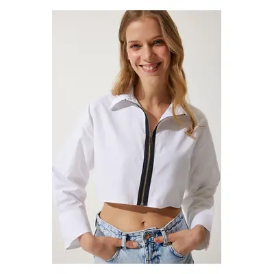 Happiness İstanbul Women's White Zipper Poplin Crop Shirt