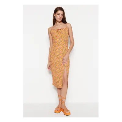 Trendyol Orange Printed Ruffle and Slit Detailed Fitted Midi Knitted Dress