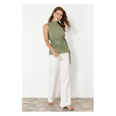 Trendyol Khaki Belted Crew Neck Sleeveless Woven Blouse