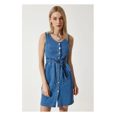 Happiness İstanbul Women's Dark Blue Belted Lycra Mini Denim Dress