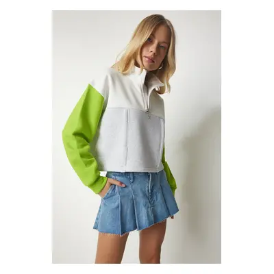 Happiness İstanbul Women's Gray Light Green Zipper Collar Raised Knitted Crop Sweatshirt