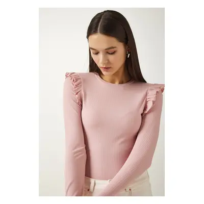 Happiness İstanbul Women's Powder Ruffle Detail Ribbed Snap Knitted Blouse