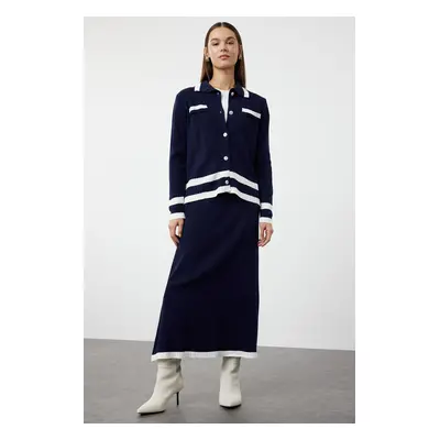 Trendyol Navy Blue Color Blocked Knitwear Cardigan Skirt Top and Bottom Set