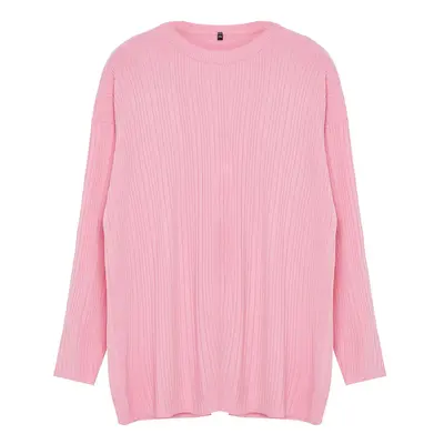 Trendyol Curve Pink Ribbed Crew Neck Knitwear Sweater