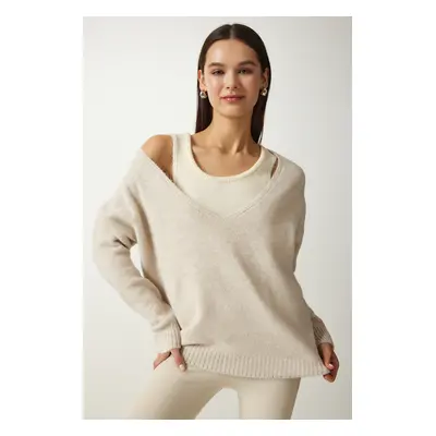 Happiness İstanbul Women's Beige Undershirt Soft Textured Double Knitwear Sweater