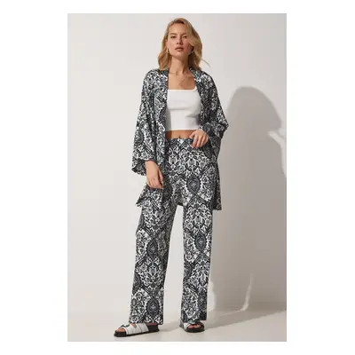 Happiness İstanbul Women's Black and White Patterned Summer Kimono Pants Knitted Suit