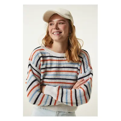 Happiness İstanbul Women's Cream Striped Seasonal Knitwear Sweater