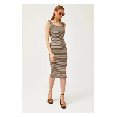 Olalook Women's Brown Stone Thick Strap Lycra Midi Dress