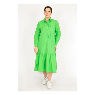 Şans Women's Green Plus Size Front Pat Buttoned Chest Pocket Tiered Hem Dress