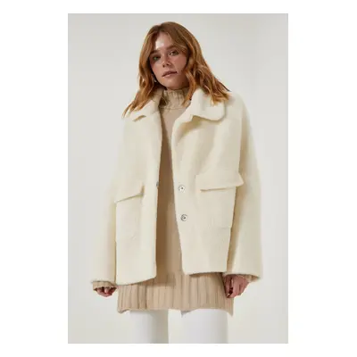 Happiness İstanbul Women's Cream Premium Pocket Oversize Bearded Jacket