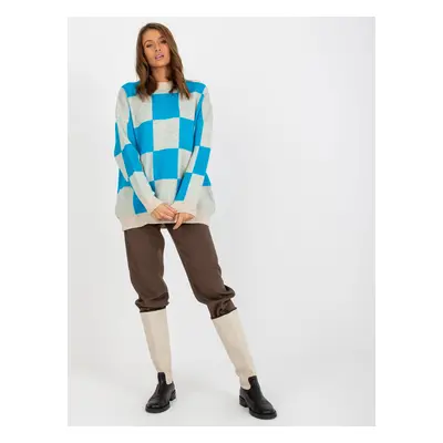 Oversized blue-beige checkered sweater for women