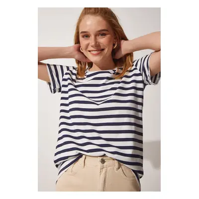 Happiness İstanbul Women's Navy Blue White Crew Neck Comfortable Striped Tshirt