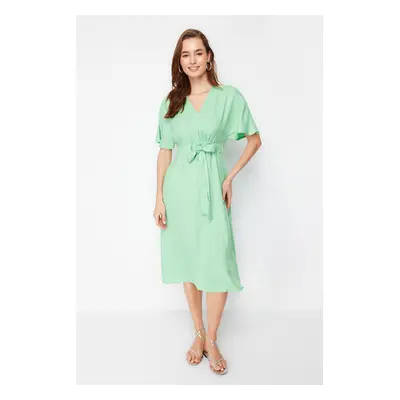 Trendyol Green Tie Detailed A-line V-neck Midi Woven Dress