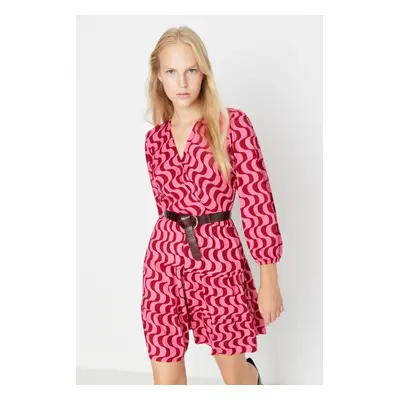 Trendyol Red Retro Printed Skater/Waist Open Double Breasted Neck Mini Stretch Knitted Dress