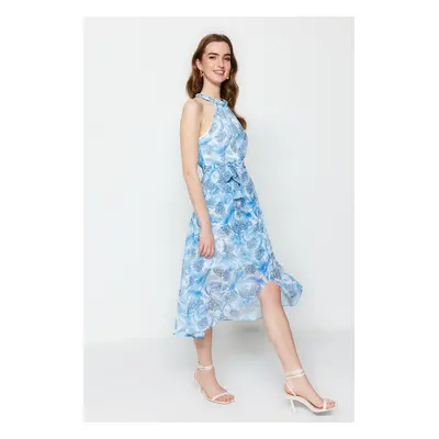 Trendyol Blue Floral Belted A-line / Bell Form Flounced Midi bélelt szőtt ruha