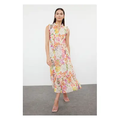 Trendyol Ecru Floral Patterned A-Line Midi Lined Chiffon Woven Dress