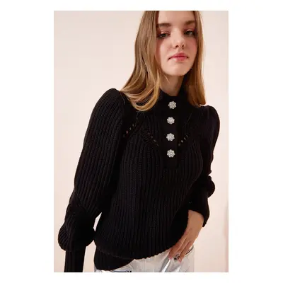 Happiness İstanbul Women's Black Stylish Buttoned Openwork Knitwear Sweater