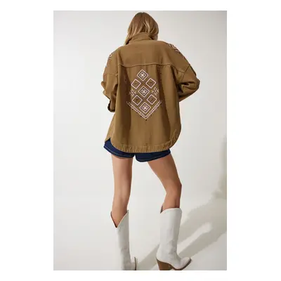 Happiness İstanbul Women's Khaki Embroidered Shirt Jacket