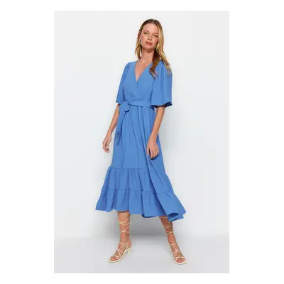 Trendyol Indigo Belted A-Cut Double Breasted Collar Back Detail Midi Woven Dress