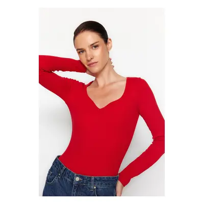 Trendyol Red Heart Collar Long Sleeve Ribbed Flexible Snap Snap Knitted Body